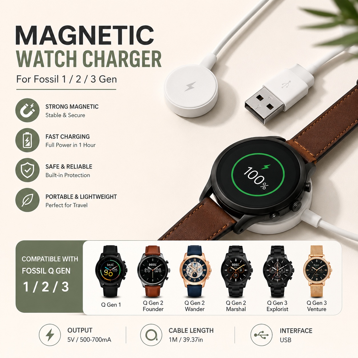 Fossil Watches Smartwatch Gen 3 - Adaptateur de chargeur de montre USB,